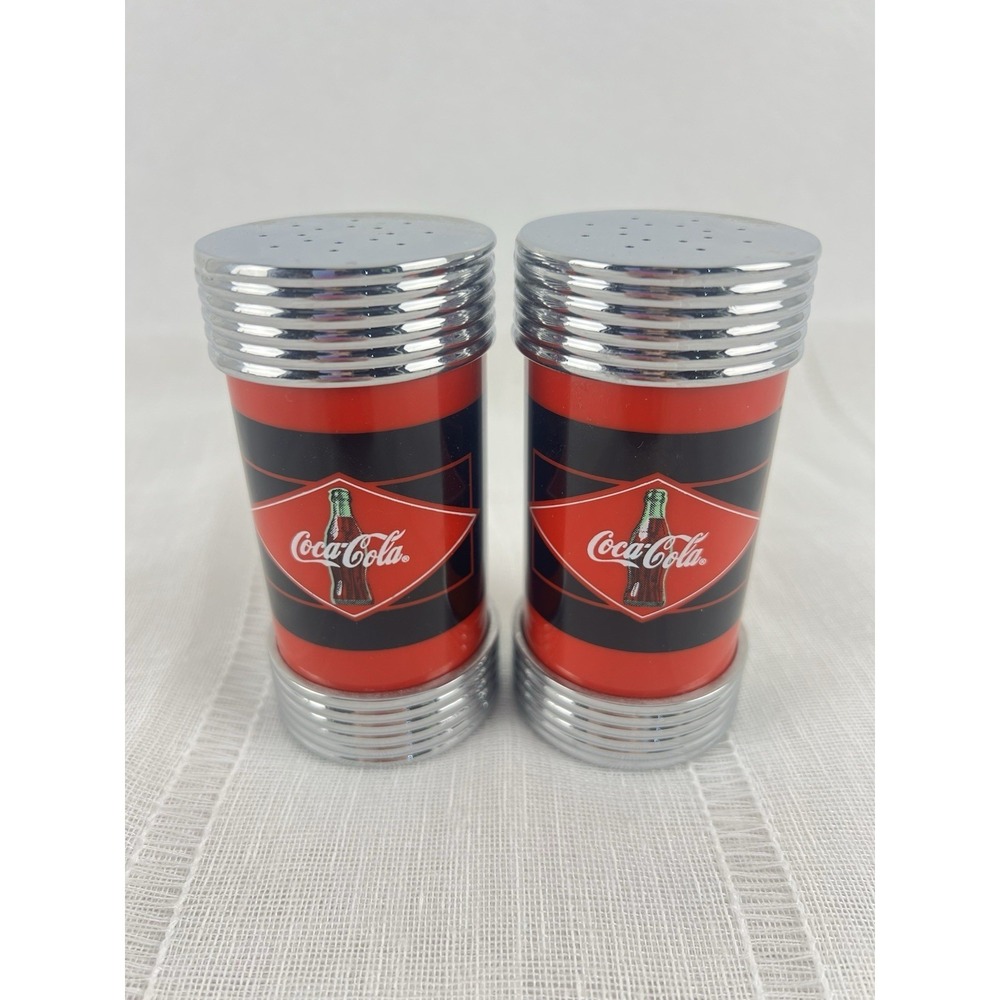 Coca-Cola Retro Salt & Pepper Shakers Chrome Red Black Diamond Logo CC331WM
